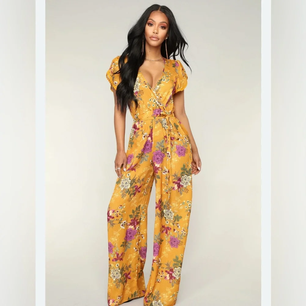 Fashion Nova Yellow Floral Jumpsuit with V-Neck and Wide-Leg Design - Picture 1 of 7